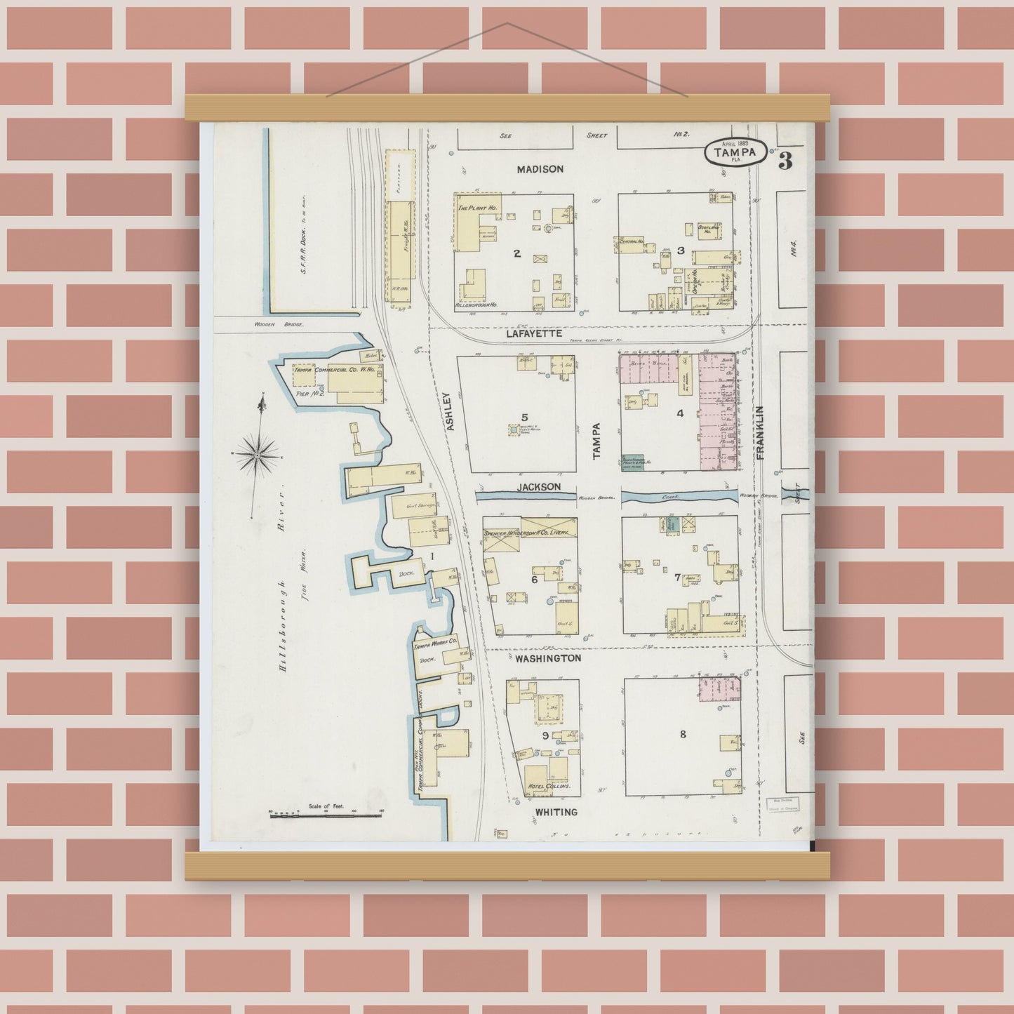 Old map wall art mockup — magnetic wood frame on brick wall — Sanborn Fire Insurance Map from Tampa, Hillsborough County, Florida (1889), Sheet #0003