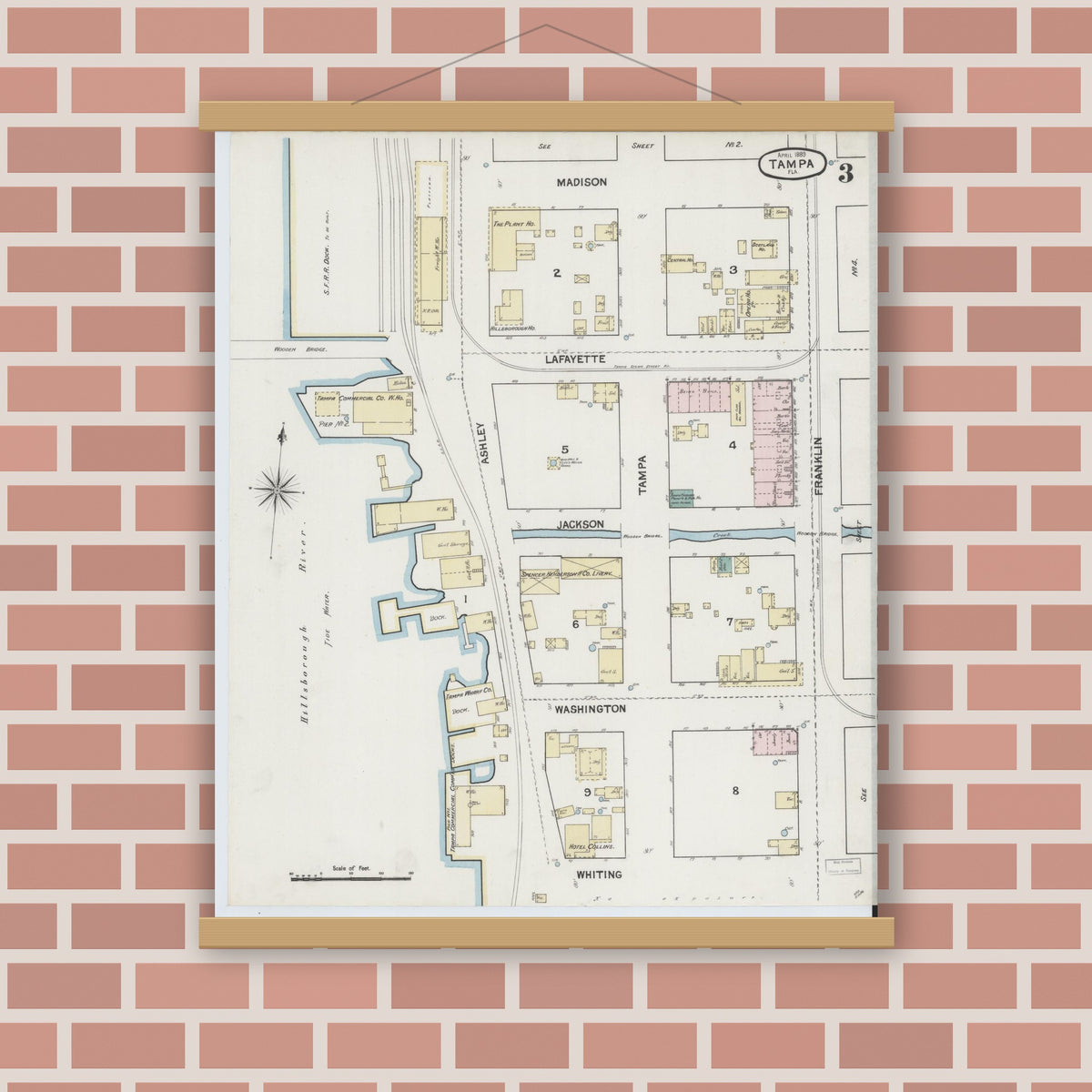 Old map wall art mockup — magnetic wood frame on brick wall — Sanborn Fire Insurance Map from Tampa, Hillsborough County, Florida (1889), Sheet #0003