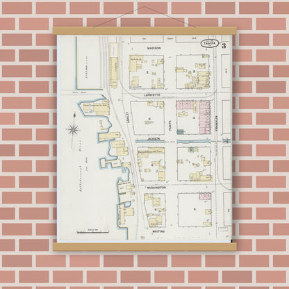 Old map wall art mockup — magnetic wood frame on brick wall — Sanborn Fire Insurance Map from Tampa, Hillsborough County, Florida (1889), Sheet #0003