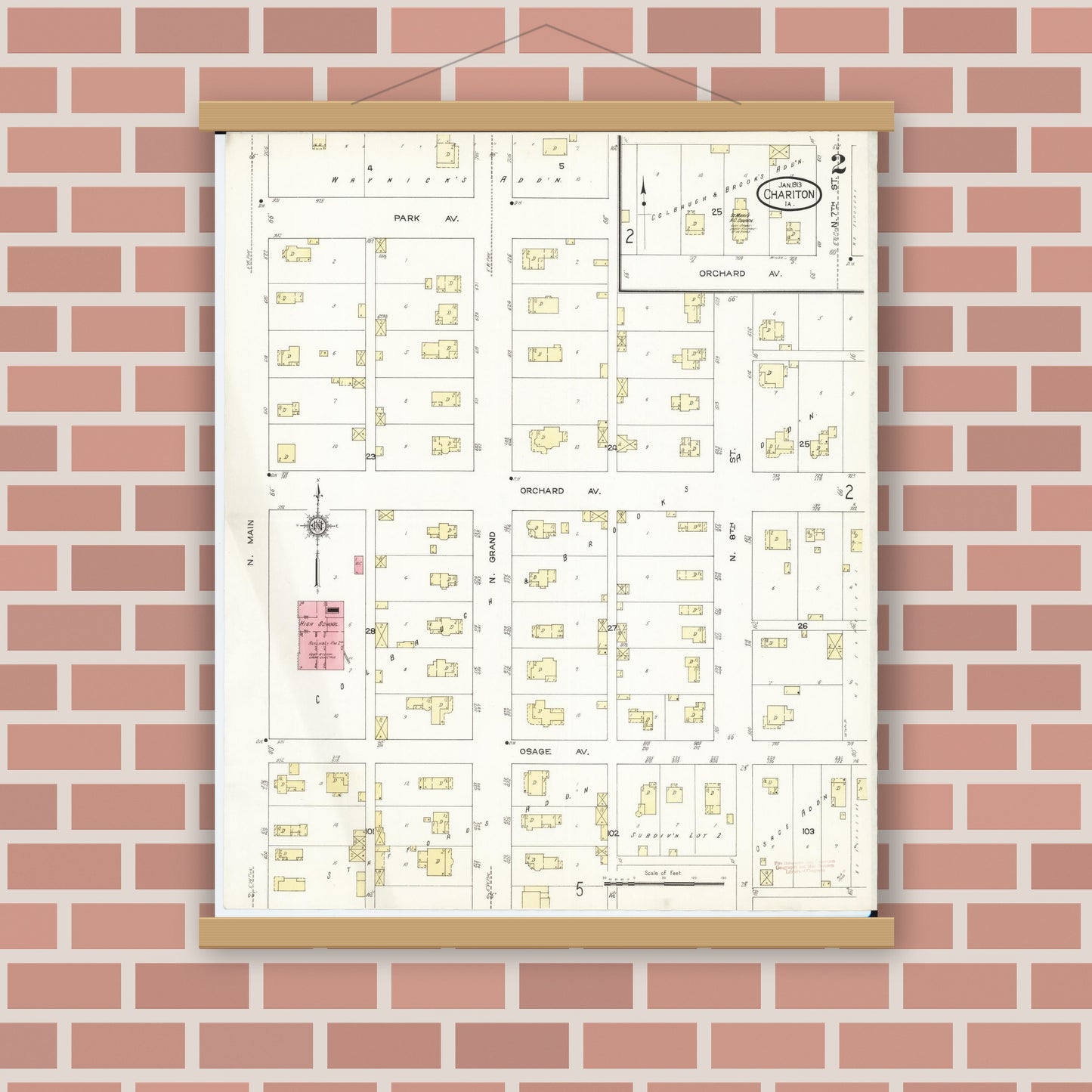 Old map wall art mockup — magnetic wood frame on brick wall — Sanborn Fire Insurance Map from Chariton, Lucas County, Iowa (1913), Sheet #0002