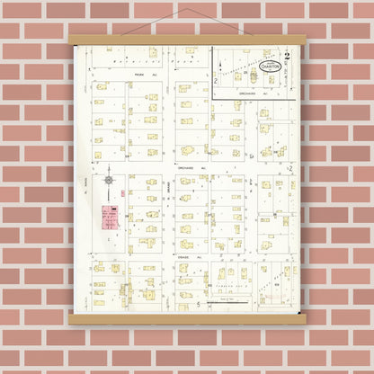Old map wall art mockup — magnetic wood frame on brick wall — Sanborn Fire Insurance Map from Chariton, Lucas County, Iowa (1913), Sheet #0002
