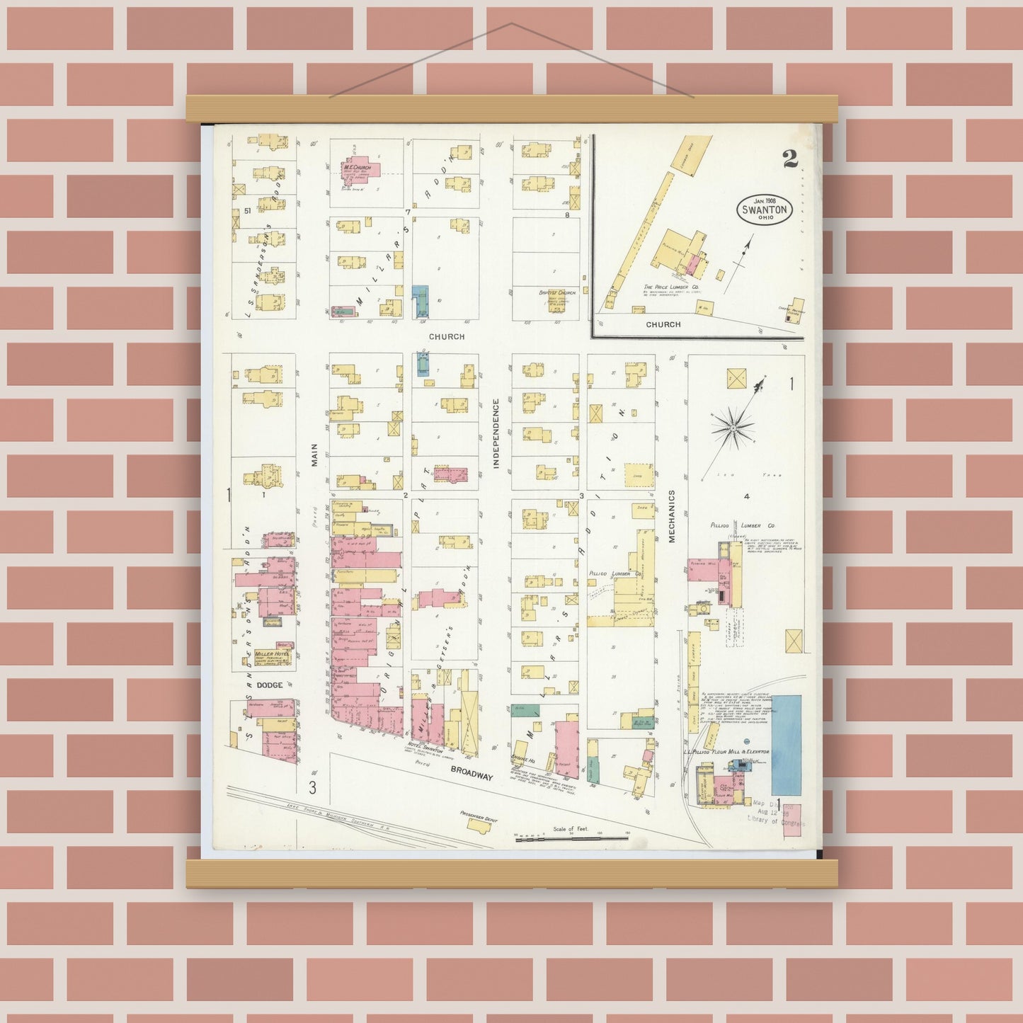 Old map wall art mockup — magnetic wood frame on brick wall — Sanborn Fire Insurance Map from Swanton, Fulton County, Ohio (1908), Sheet #0002