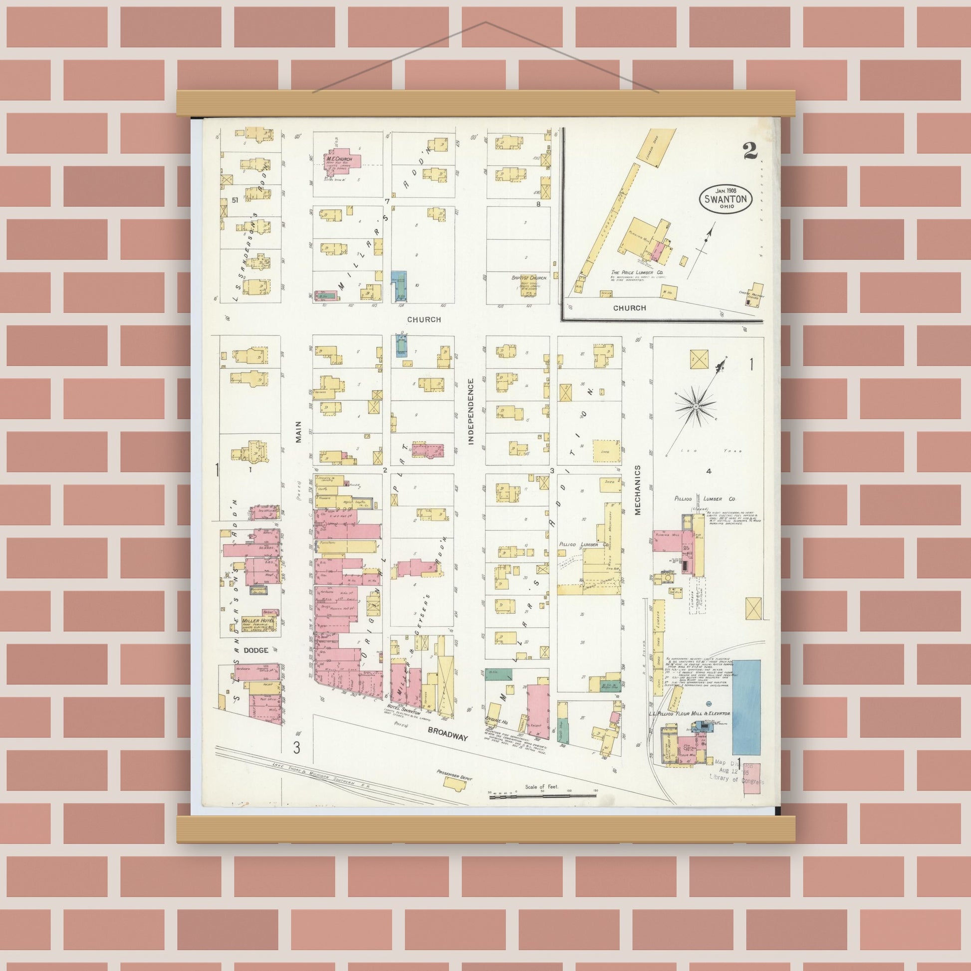 Old map wall art mockup — magnetic wood frame on brick wall — Sanborn Fire Insurance Map from Swanton, Fulton County, Ohio (1908), Sheet #0002