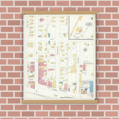 Old map wall art mockup — magnetic wood frame on brick wall — Sanborn Fire Insurance Map from Swanton, Fulton County, Ohio (1908), Sheet #0002