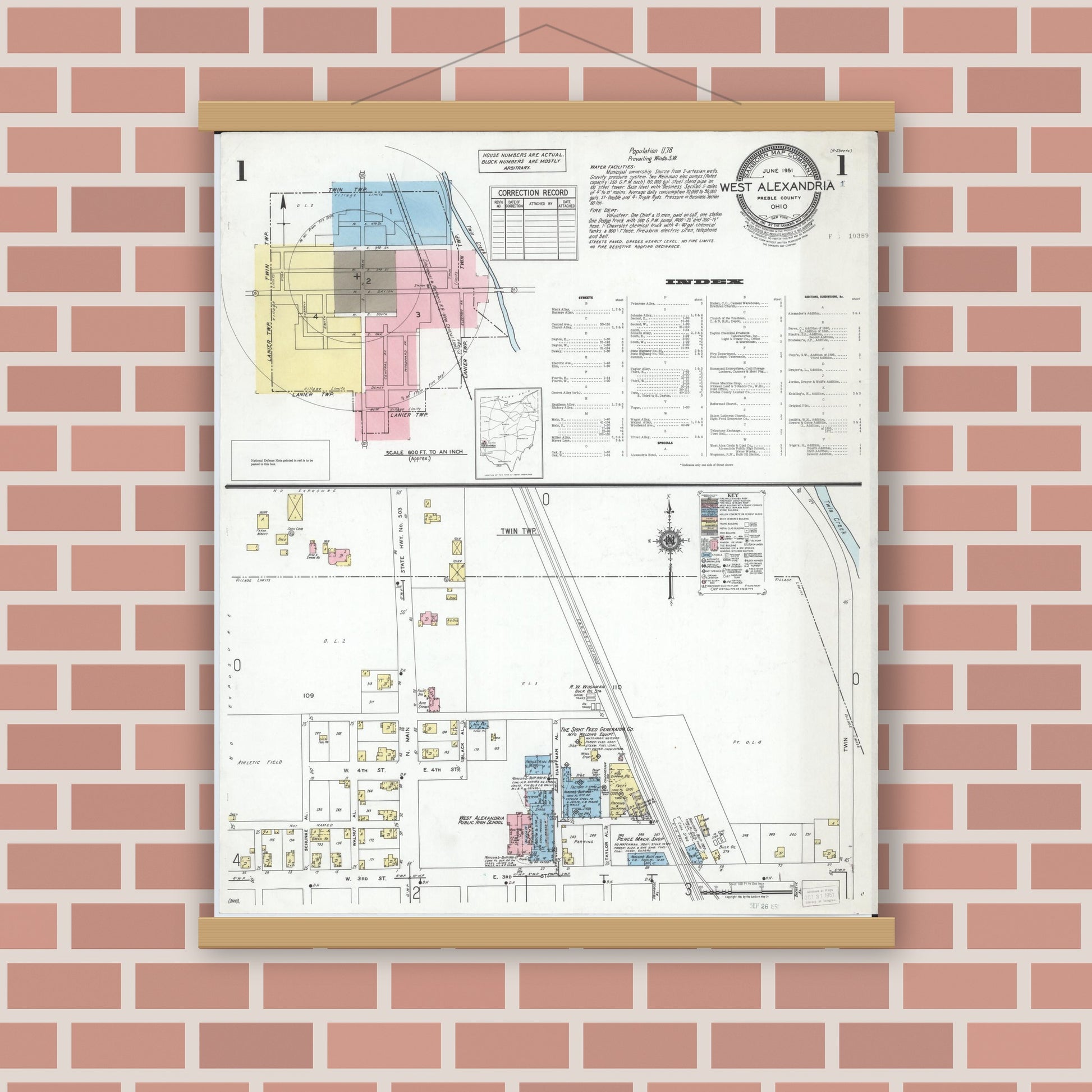 Old map wall art mockup — magnetic wood frame on brick wall — Sanborn Fire Insurance Map from West Alexandria, Preble County, Ohio (1951), Sheet #0001
