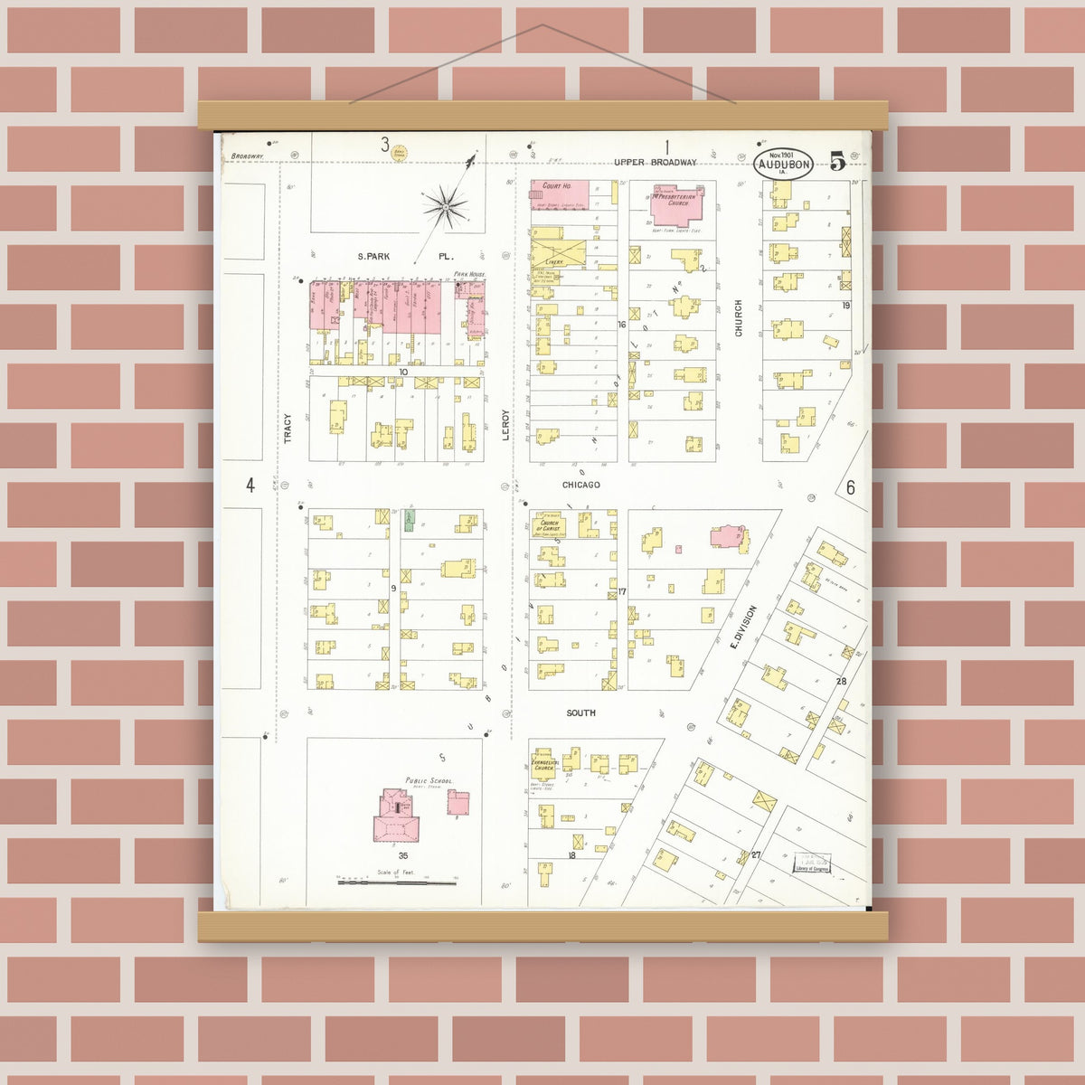 Old map wall art mockup — magnetic wood frame on brick wall — Sanborn Fire Insurance Map from Audubon, Audubon County, Iowa (1901), Sheet #0005