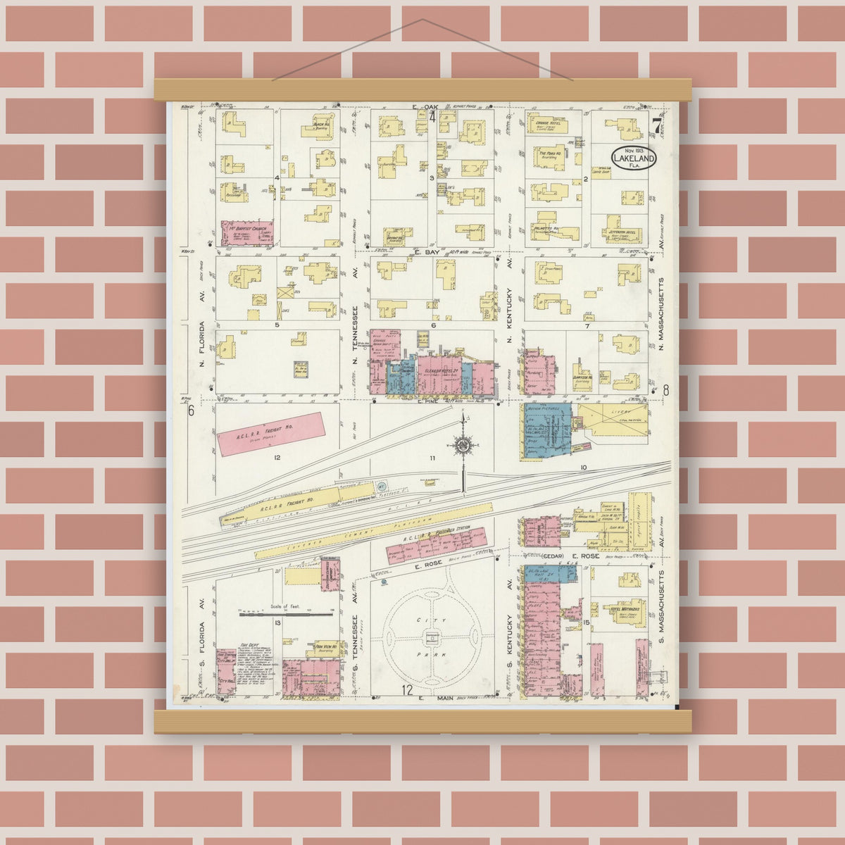 Old map wall art mockup — magnetic wood frame on brick wall — Sanborn Fire Insurance Map from Lakeland, Polk County, Florida (1913), Sheet #0007