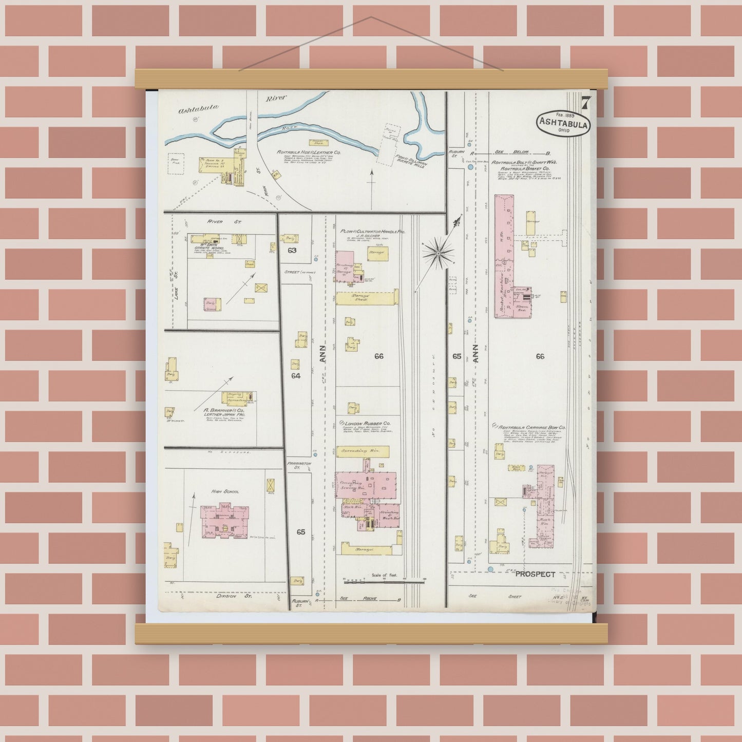 Old map wall art mockup — magnetic wood frame on brick wall — Sanborn Fire Insurance Map from Ashtabula, Ashtabula County, Ohio (1889), Sheet #0007