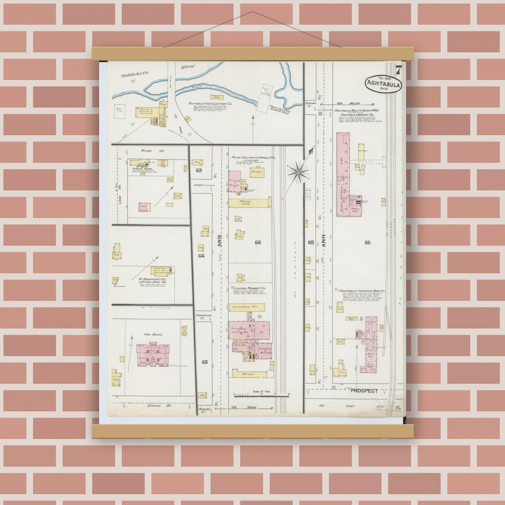 Old map wall art mockup — magnetic wood frame on brick wall — Sanborn Fire Insurance Map from Ashtabula, Ashtabula County, Ohio (1889), Sheet #0007