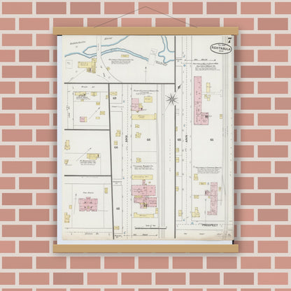 Old map wall art mockup — magnetic wood frame on brick wall — Sanborn Fire Insurance Map from Ashtabula, Ashtabula County, Ohio (1889), Sheet #0007