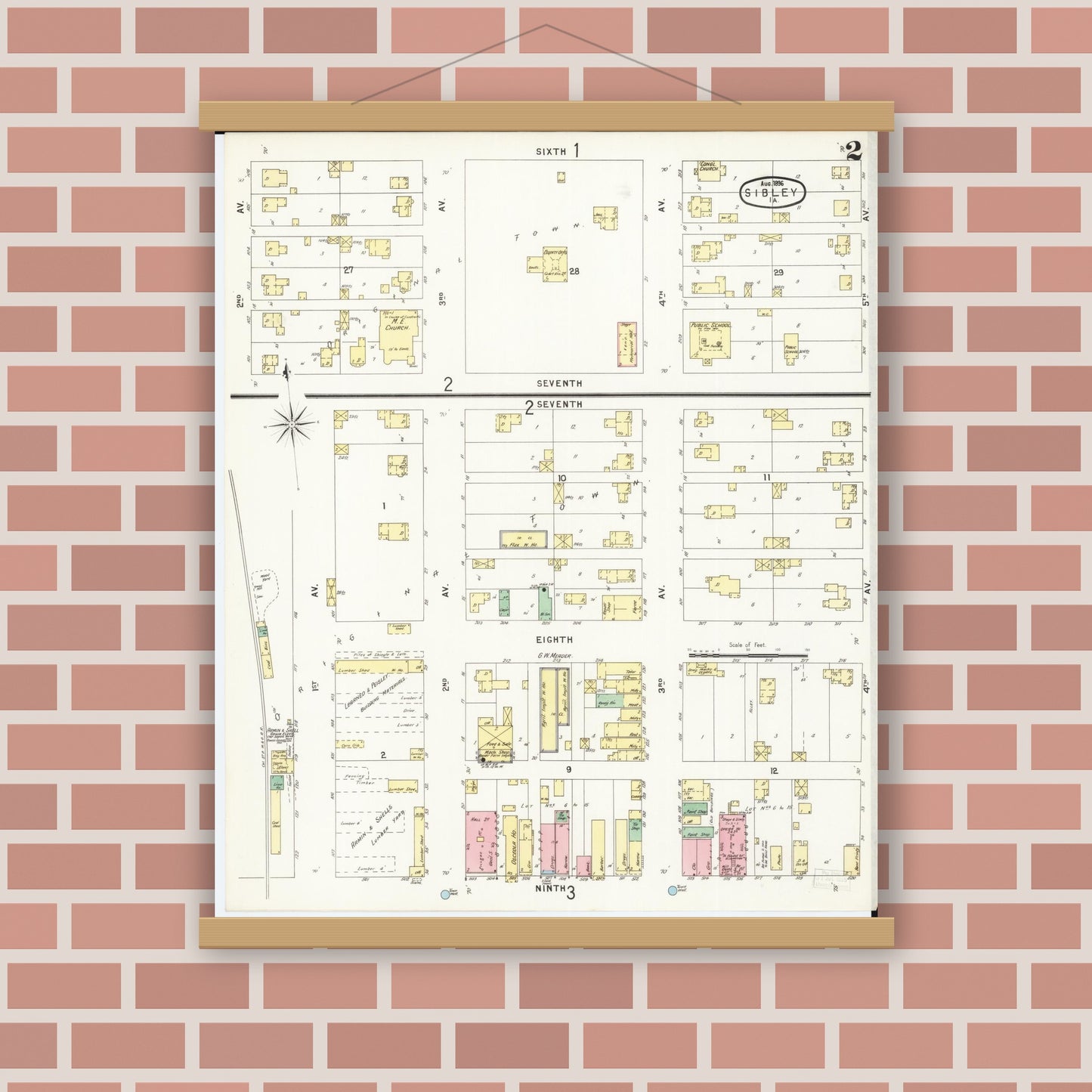 Old map wall art mockup — magnetic wood frame on brick wall — Sanborn Fire Insurance Map from Sibley, Osceola County, Iowa (1896), Sheet #0002