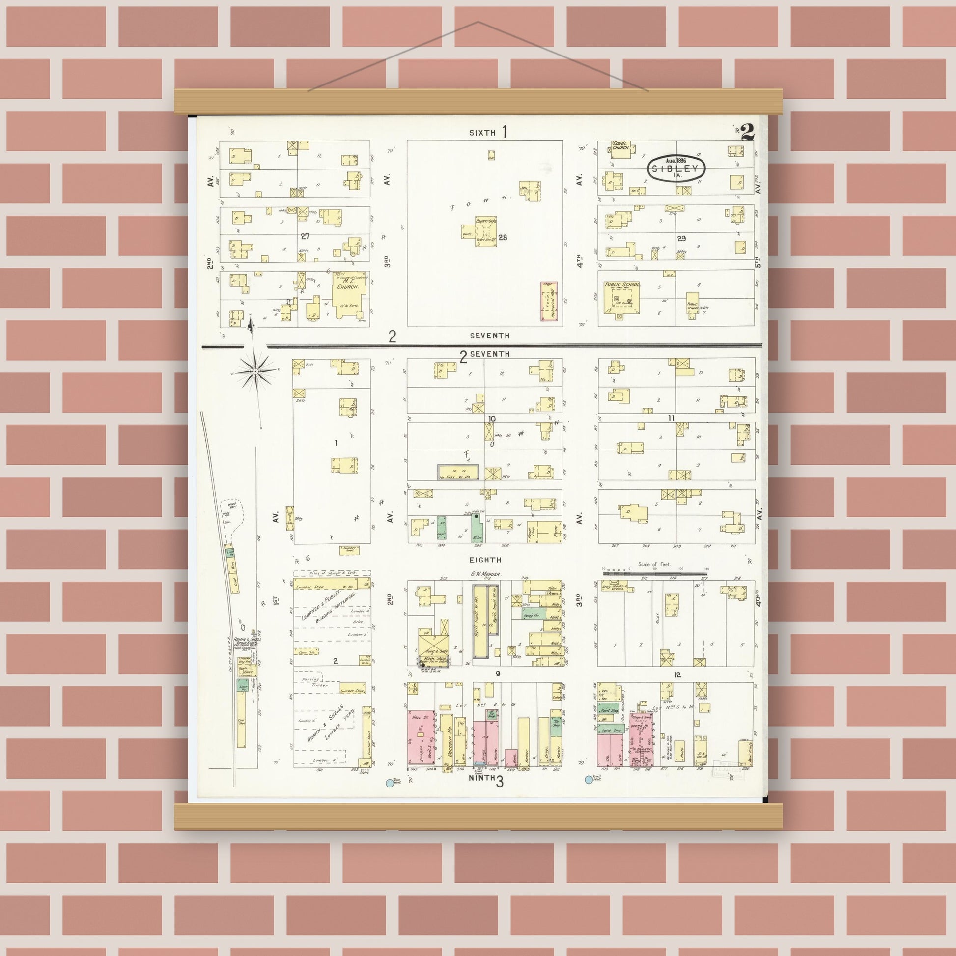 Old map wall art mockup — magnetic wood frame on brick wall — Sanborn Fire Insurance Map from Sibley, Osceola County, Iowa (1896), Sheet #0002
