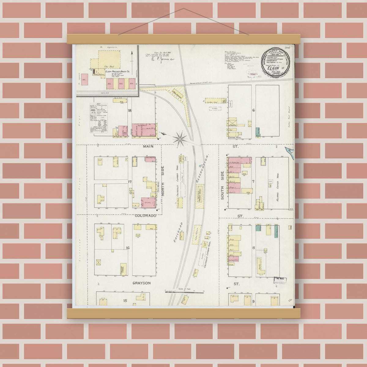 Old map wall art mockup — magnetic wood frame on brick wall — Sanborn Fire Insurance Map from Elgin, Bastrop County, Texas (1893), Sheet #0001