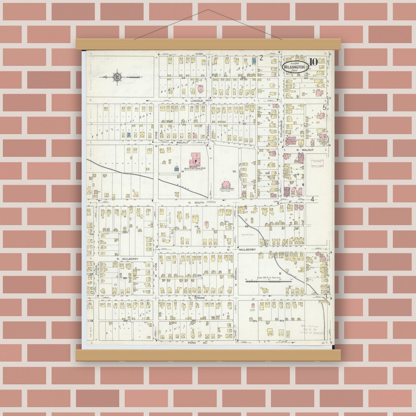 Old map wall art mockup — magnetic wood frame on brick wall — Sanborn Fire Insurance Map from Wilmington, Clinton County, Ohio (1914), Sheet #0010