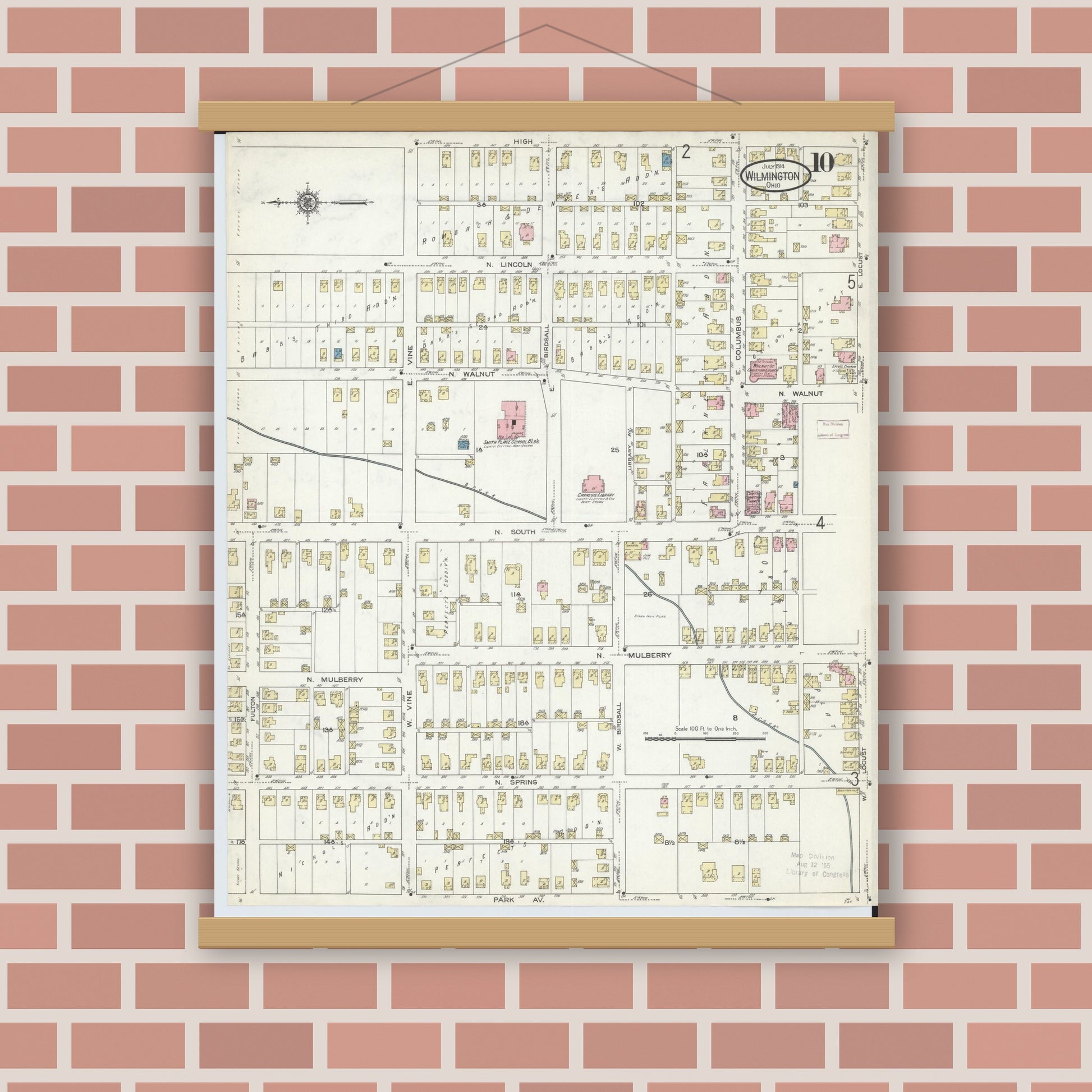 Old map wall art mockup — magnetic wood frame on brick wall — Sanborn Fire Insurance Map from Wilmington, Clinton County, Ohio (1914), Sheet #0010