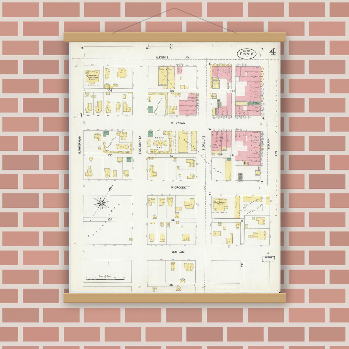Old map wall art mockup — magnetic wood frame on brick wall — Sanborn Fire Insurance Map from Ennis, Ellis County, Texas (1901), Sheet #0004