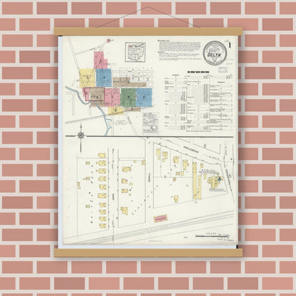 Old map wall art mockup — magnetic wood frame on brick wall — Sanborn Fire Insurance Map from Delta, Fulton County, Ohio (1916) - Complete Map Set