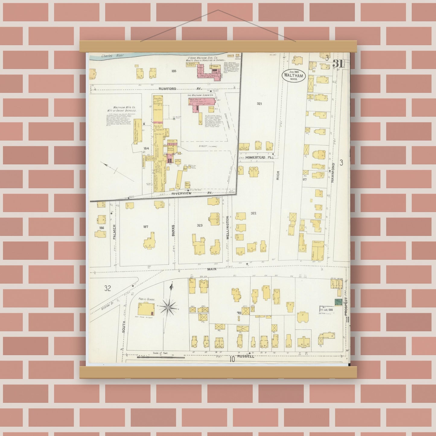 Old map wall art mockup — magnetic wood frame on brick wall — Sanborn Fire Insurance Map from Waltham, Middlesex County, Massachusetts (1903), Sheet #0031