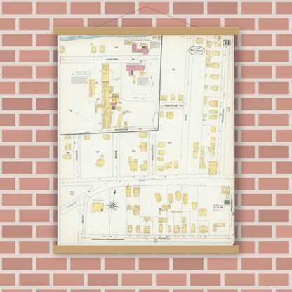 Old map wall art mockup — magnetic wood frame on brick wall — Sanborn Fire Insurance Map from Waltham, Middlesex County, Massachusetts (1903), Sheet #0031