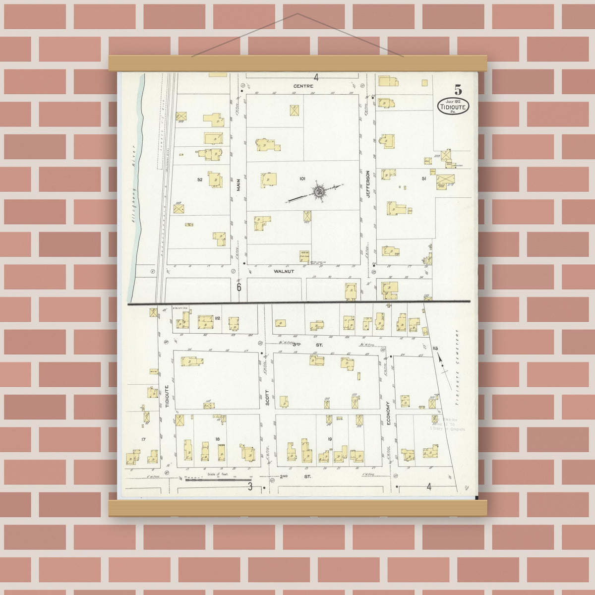 Old map wall art mockup — magnetic wood frame on brick wall — Sanborn Fire Insurance Map from Tidioute, Warren County, Pennsylvania (1912), Sheet #0005