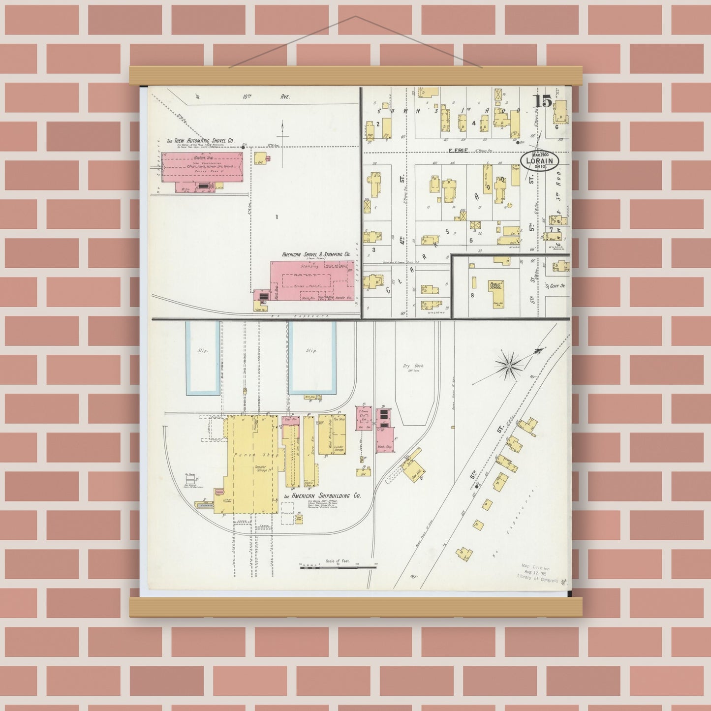 Old map wall art mockup — magnetic wood frame on brick wall — Sanborn Fire Insurance Map from Lorain, Lorain County, Ohio (1900), Sheet #0015