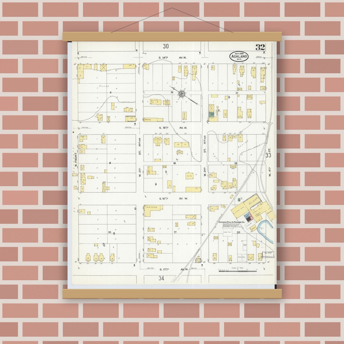 Old map wall art mockup — magnetic wood frame on brick wall — Sanborn Fire Insurance Map from Ashland, Ashland County, Wisconsin (1909), Sheet #0032