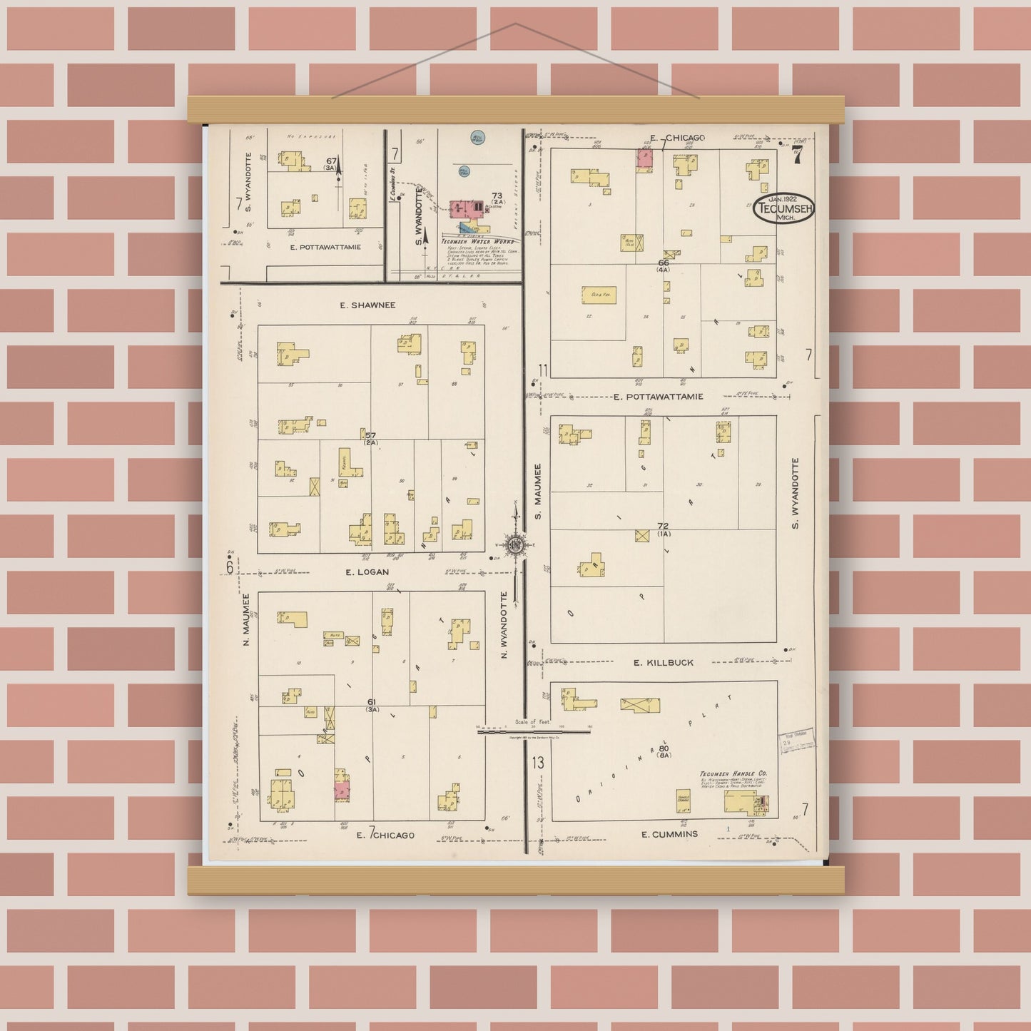 Old map wall art mockup — magnetic wood frame on brick wall — Sanborn Fire Insurance Map from Tecumseh, Lenawee County, Michigan (1922), Sheet #0007