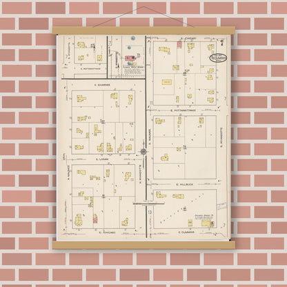 Old map wall art mockup — magnetic wood frame on brick wall — Sanborn Fire Insurance Map from Tecumseh, Lenawee County, Michigan (1922), Sheet #0007