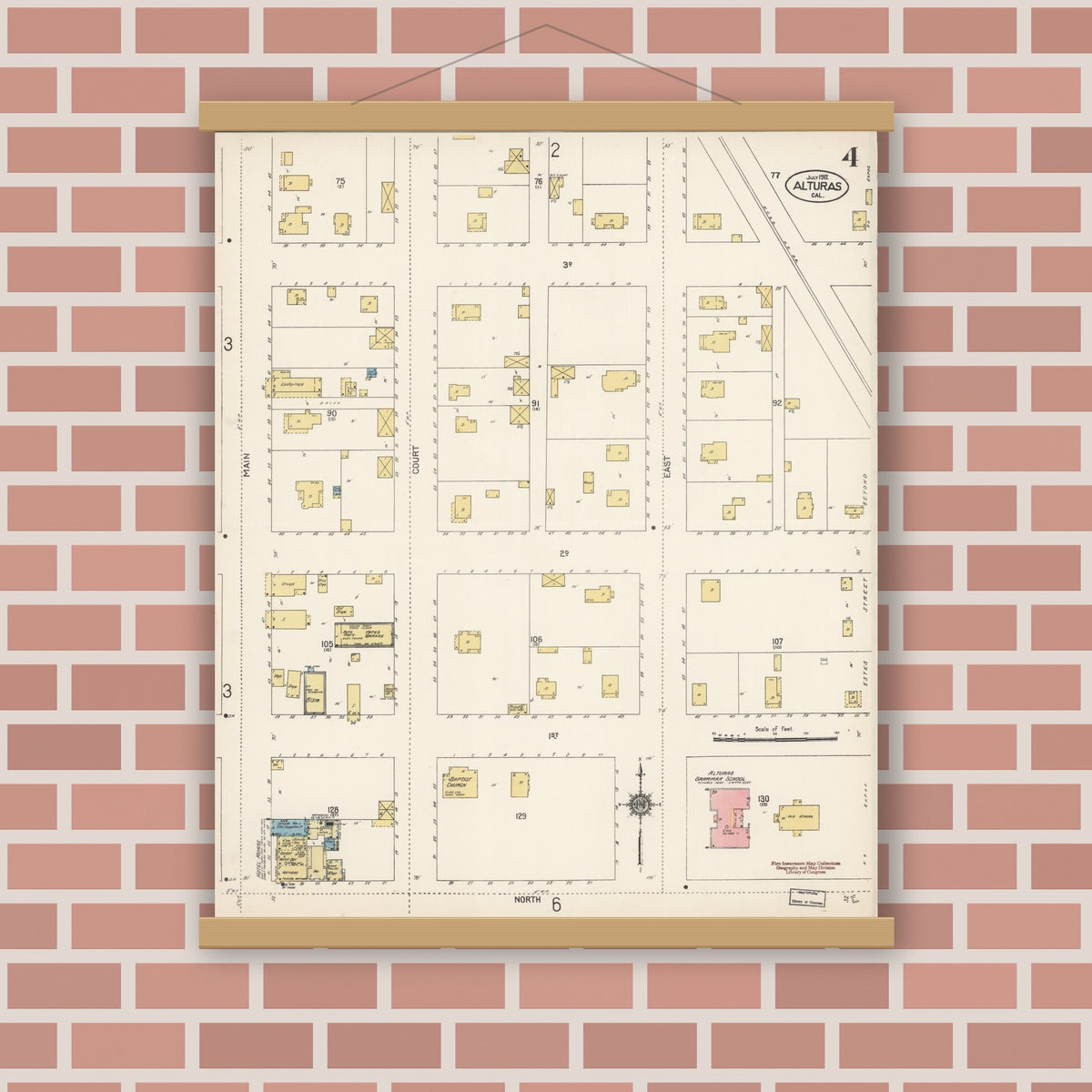 Old map wall art mockup — magnetic wood frame on brick wall — Sanborn Fire Insurance Map from Alturas, Modoc County, California (1912), Sheet #0004