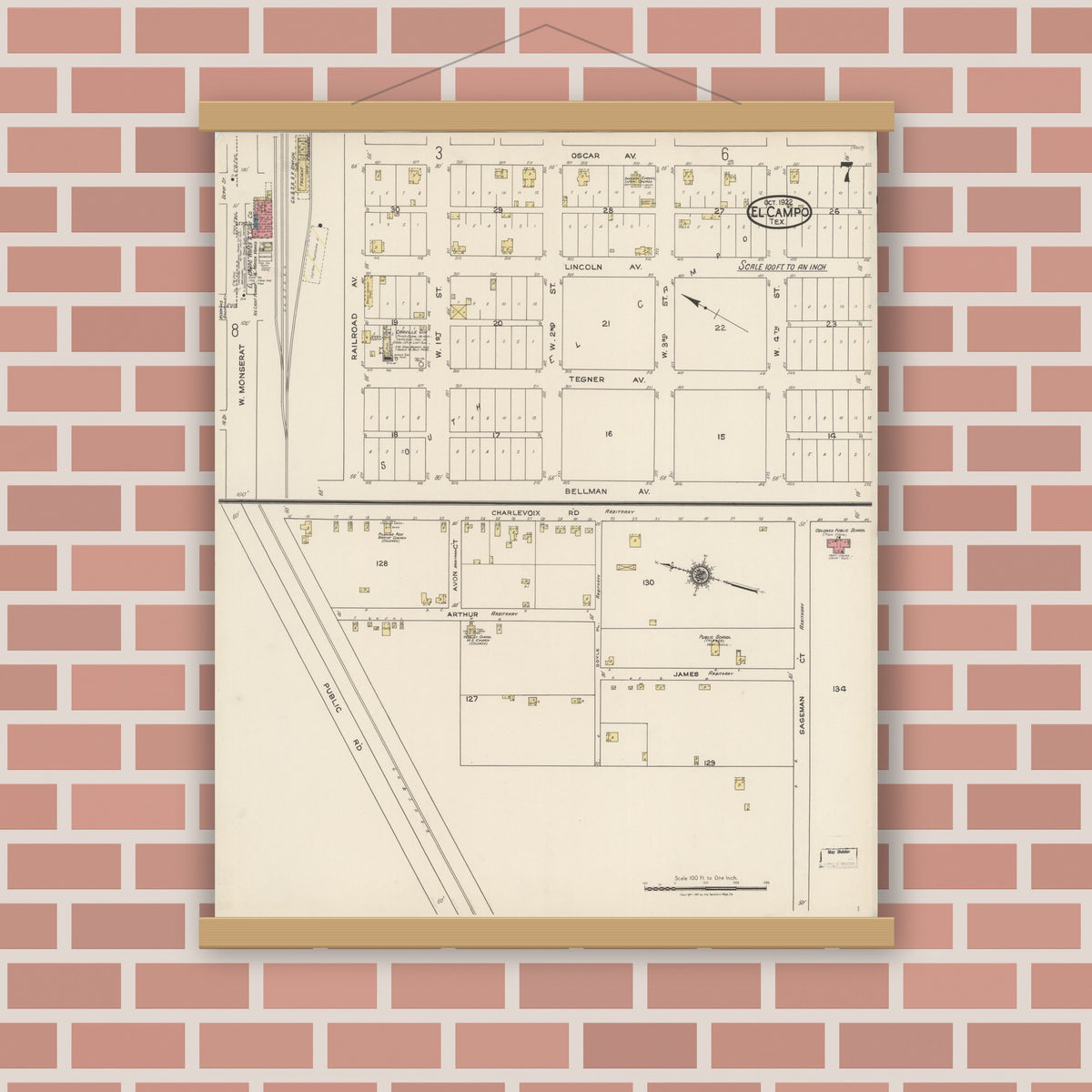 Old map wall art mockup — magnetic wood frame on brick wall — Sanborn Fire Insurance Map from El Campo, Wharton County, Texas (1922), Sheet #0007