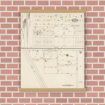 Old map wall art mockup — magnetic wood frame on brick wall — Sanborn Fire Insurance Map from El Campo, Wharton County, Texas (1922), Sheet #0007