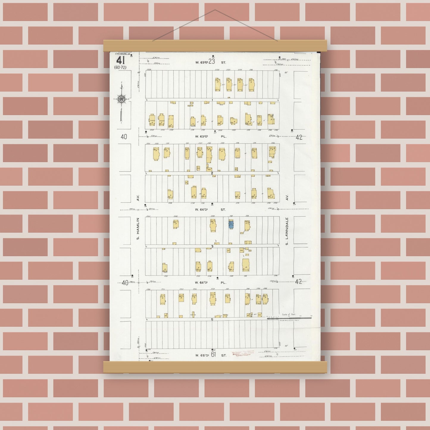Old map wall art mockup — magnetic wood frame on brick wall — Sanborn Fire Insurance Map from Chicago, Cook County, Illinois (1920), Sheet #0041