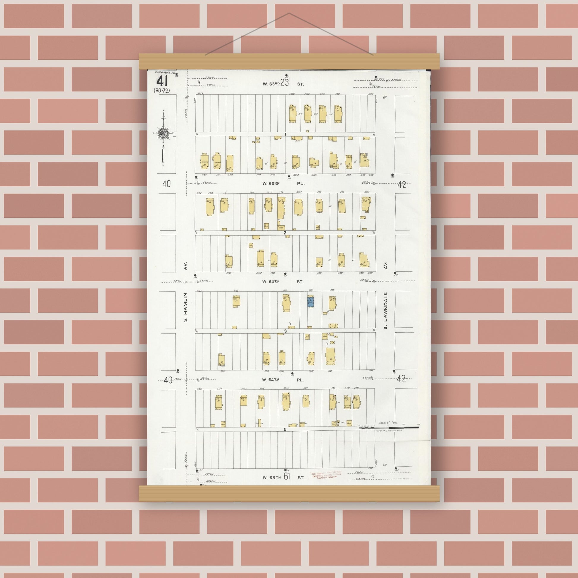 Old map wall art mockup — magnetic wood frame on brick wall — Sanborn Fire Insurance Map from Chicago, Cook County, Illinois (1920), Sheet #0041