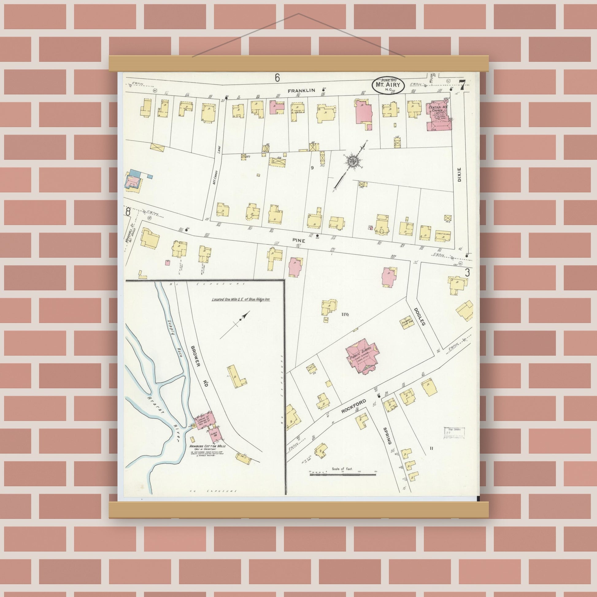 Old map wall art mockup — magnetic wood frame on brick wall — Sanborn Fire Insurance Map from Mount Airy, Surry County, North Carolina (1910), Sheet #0007