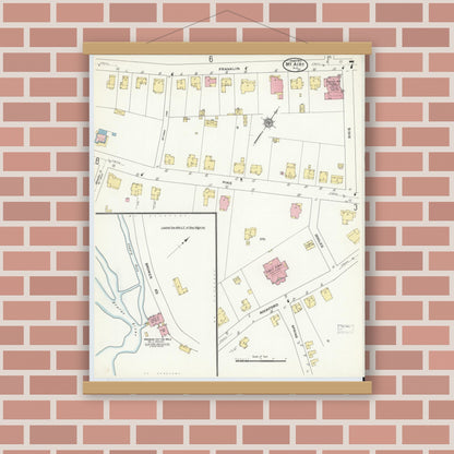 Old map wall art mockup — magnetic wood frame on brick wall — Sanborn Fire Insurance Map from Mount Airy, Surry County, North Carolina (1910), Sheet #0007