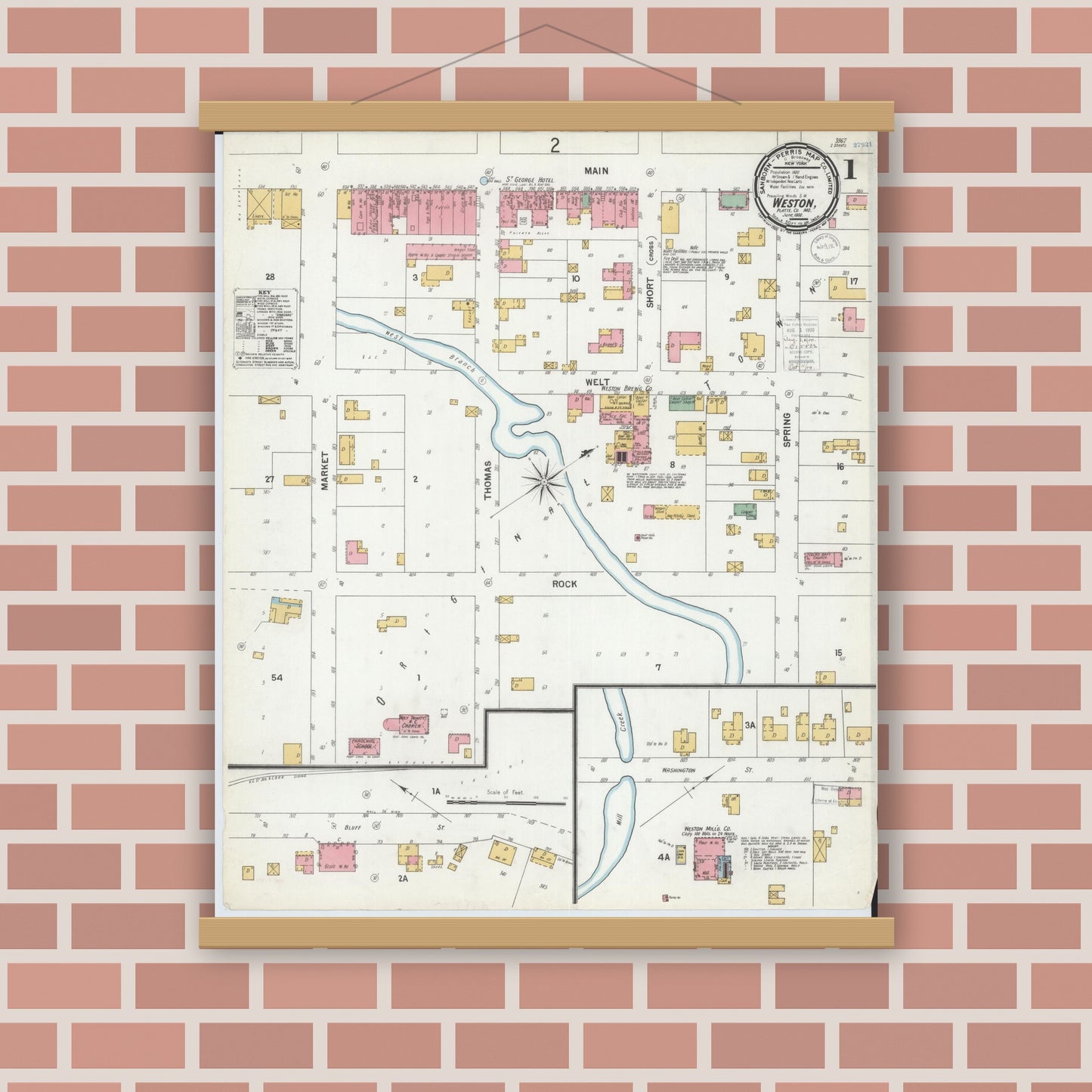 Old map wall art mockup — magnetic wood frame on brick wall — Sanborn Fire Insurance Map from Weston, Platte County, Missouri (1900) - Complete Map Set