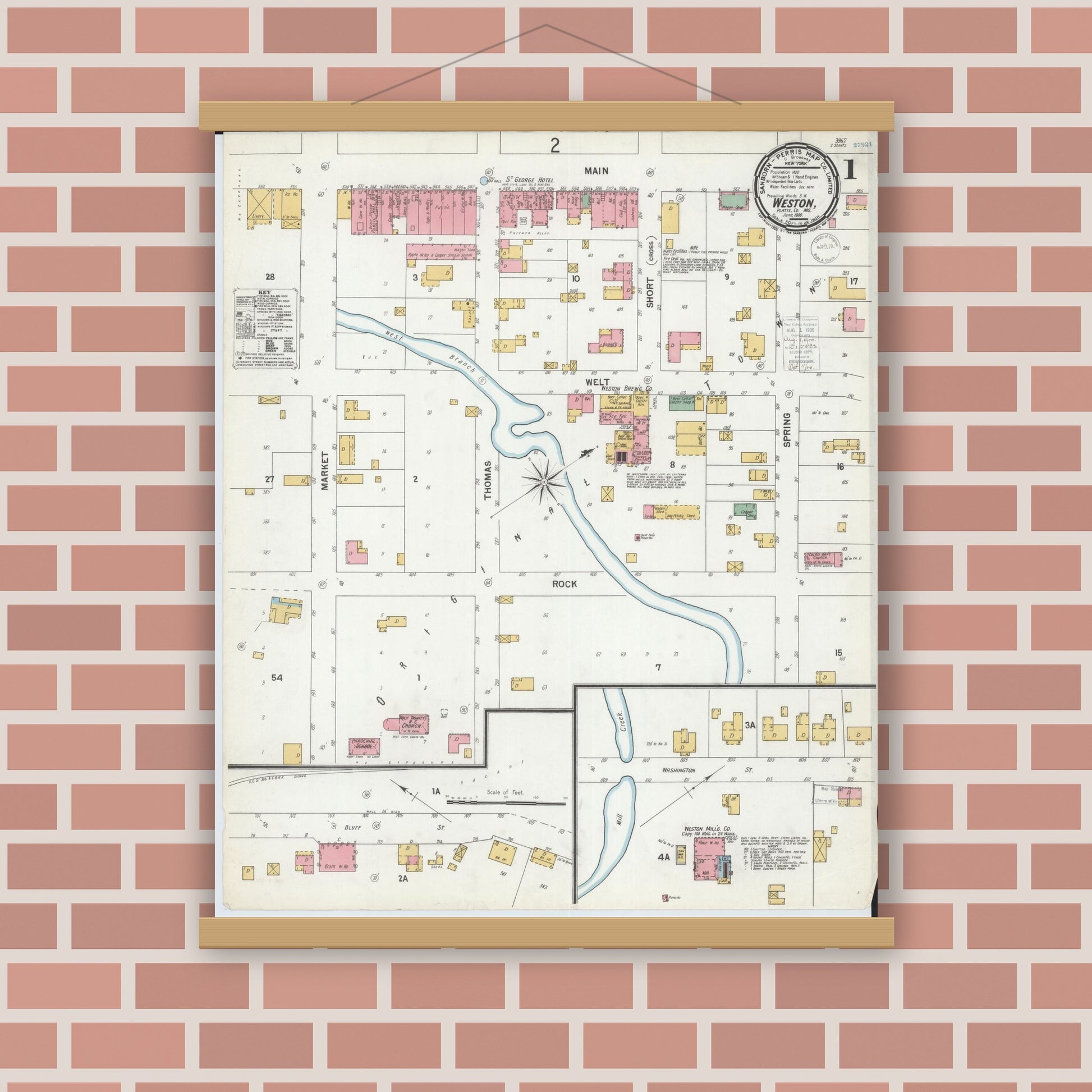 Old map wall art mockup — magnetic wood frame on brick wall — Sanborn Fire Insurance Map from Weston, Platte County, Missouri (1900) - Complete Map Set