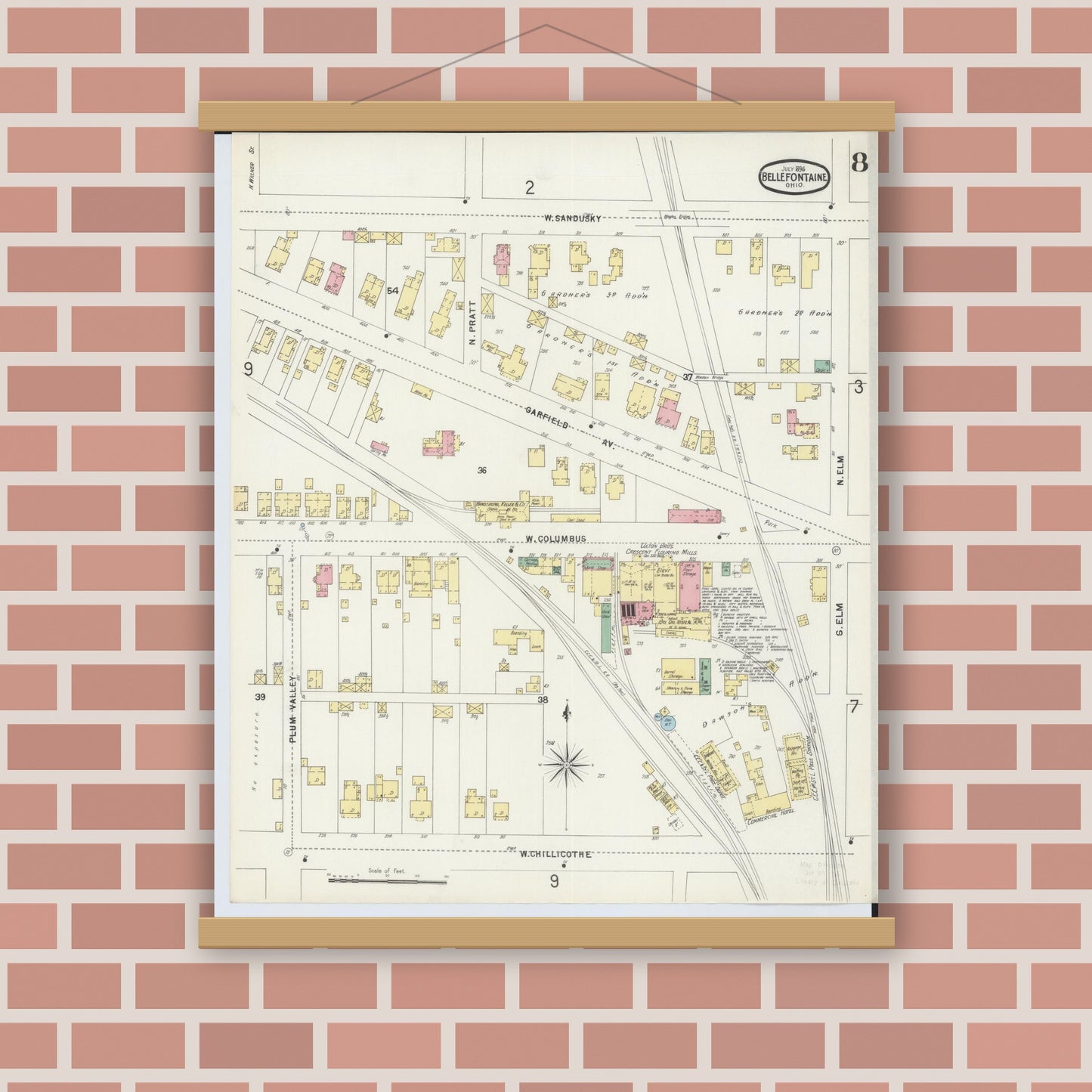 Old map wall art mockup — magnetic wood frame on brick wall — Sanborn Fire Insurance Map from Bellefontaine, Logan County, Ohio (1896), Sheet #0008