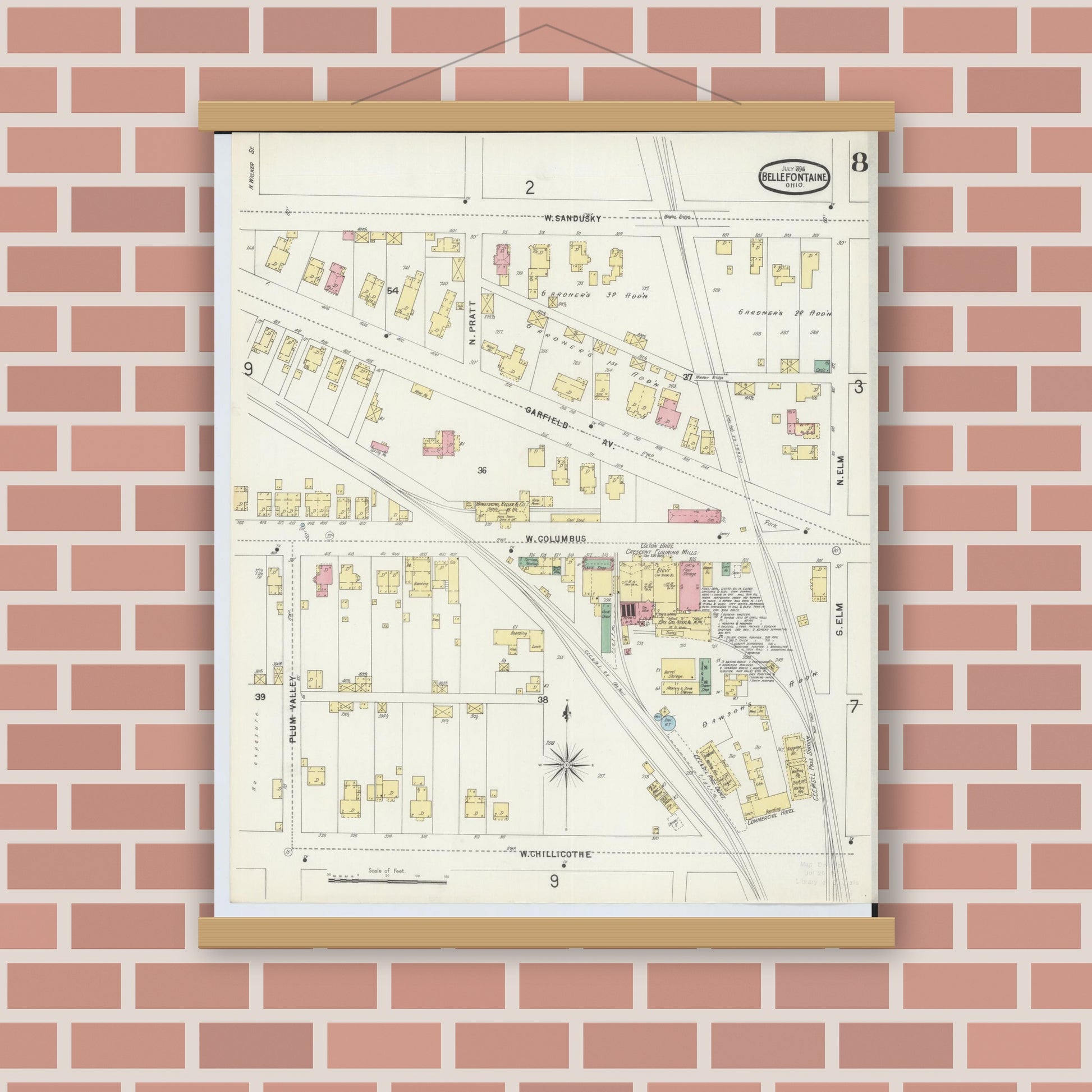 Old map wall art mockup — magnetic wood frame on brick wall — Sanborn Fire Insurance Map from Bellefontaine, Logan County, Ohio (1896), Sheet #0008