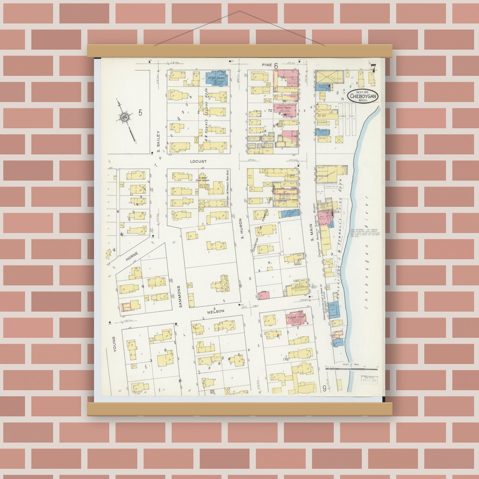 Old map wall art mockup — magnetic wood frame on brick wall — Sanborn Fire Insurance Map from Cheboygan, Cheboygan County, Michigan (1915), Sheet #0007
