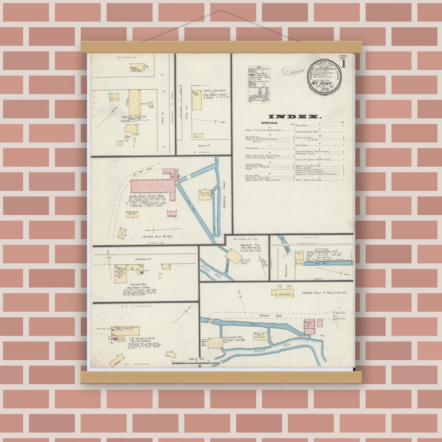 Old map wall art mockup — magnetic wood frame on brick wall — Sanborn Fire Insurance Map from Mount Airy, Surry County, North Carolina (1891) - Complete Map Set