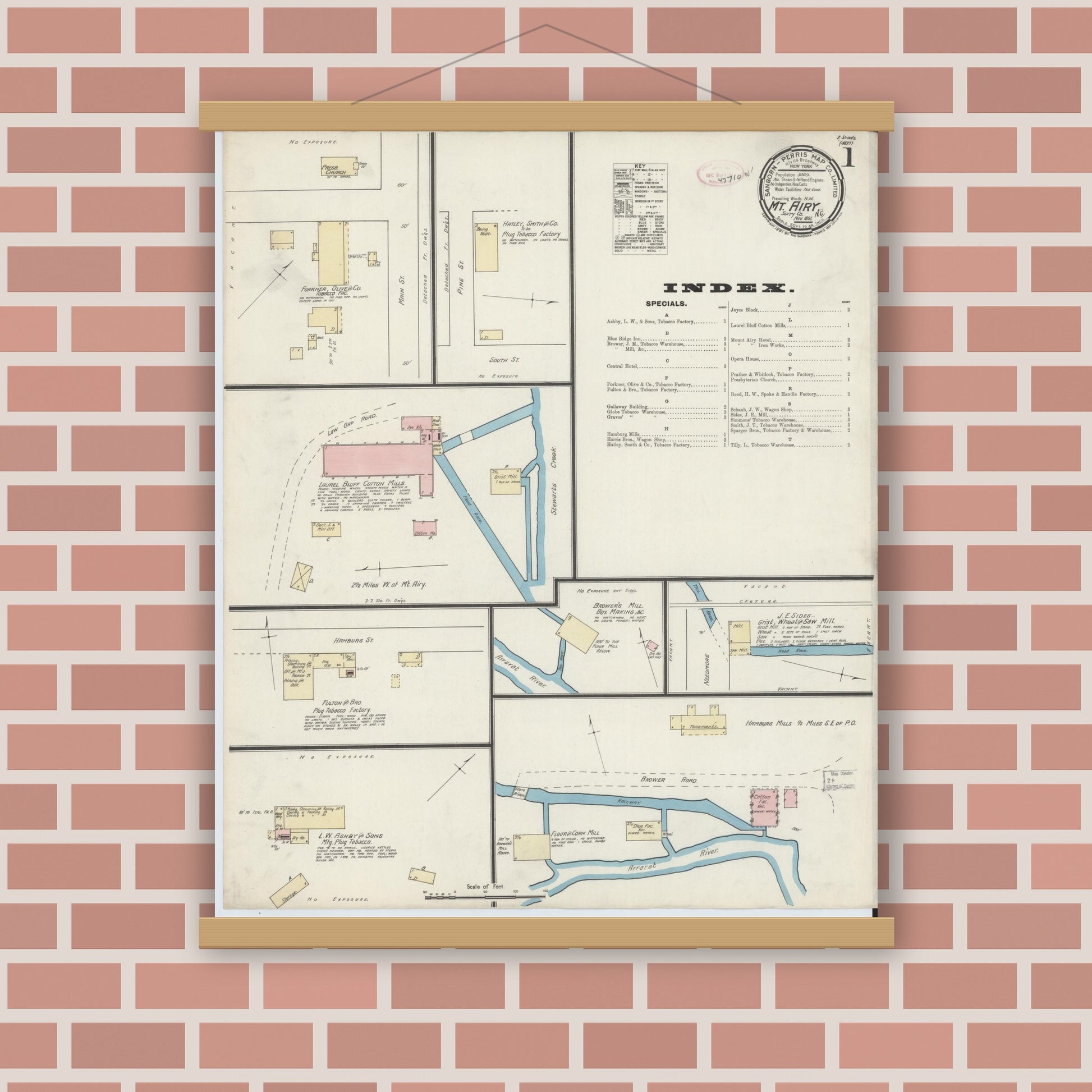 Old map wall art mockup — magnetic wood frame on brick wall — Sanborn Fire Insurance Map from Mount Airy, Surry County, North Carolina (1891) - Complete Map Set