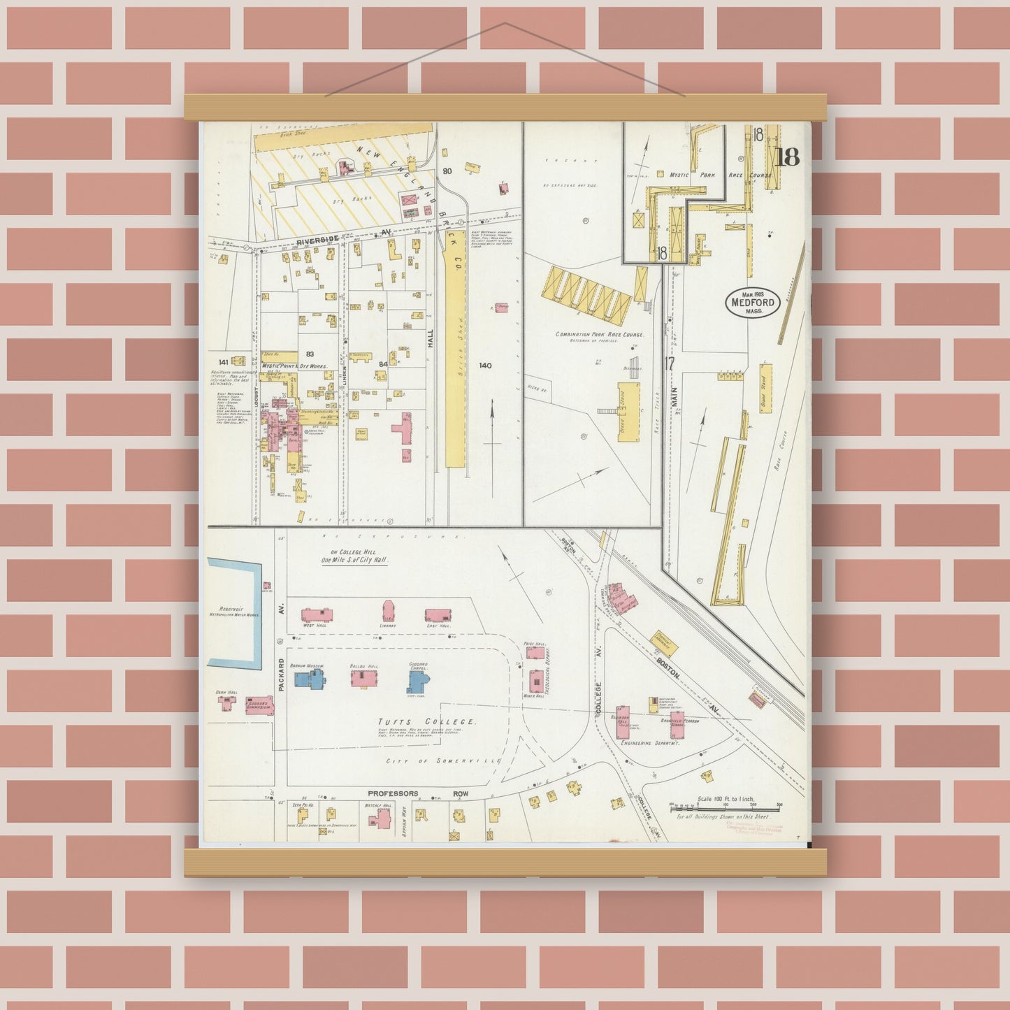 Old map wall art mockup — magnetic wood frame on brick wall — Sanborn Fire Insurance Map from Medford, Middlesex County, Massachusetts (1903), Sheet #0018