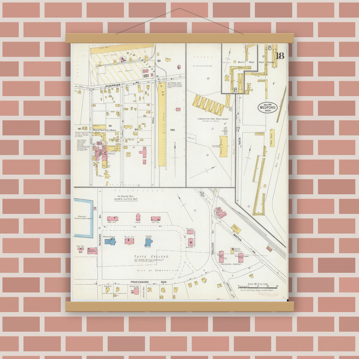 Old map wall art mockup — magnetic wood frame on brick wall — Sanborn Fire Insurance Map from Medford, Middlesex County, Massachusetts (1903), Sheet #0018
