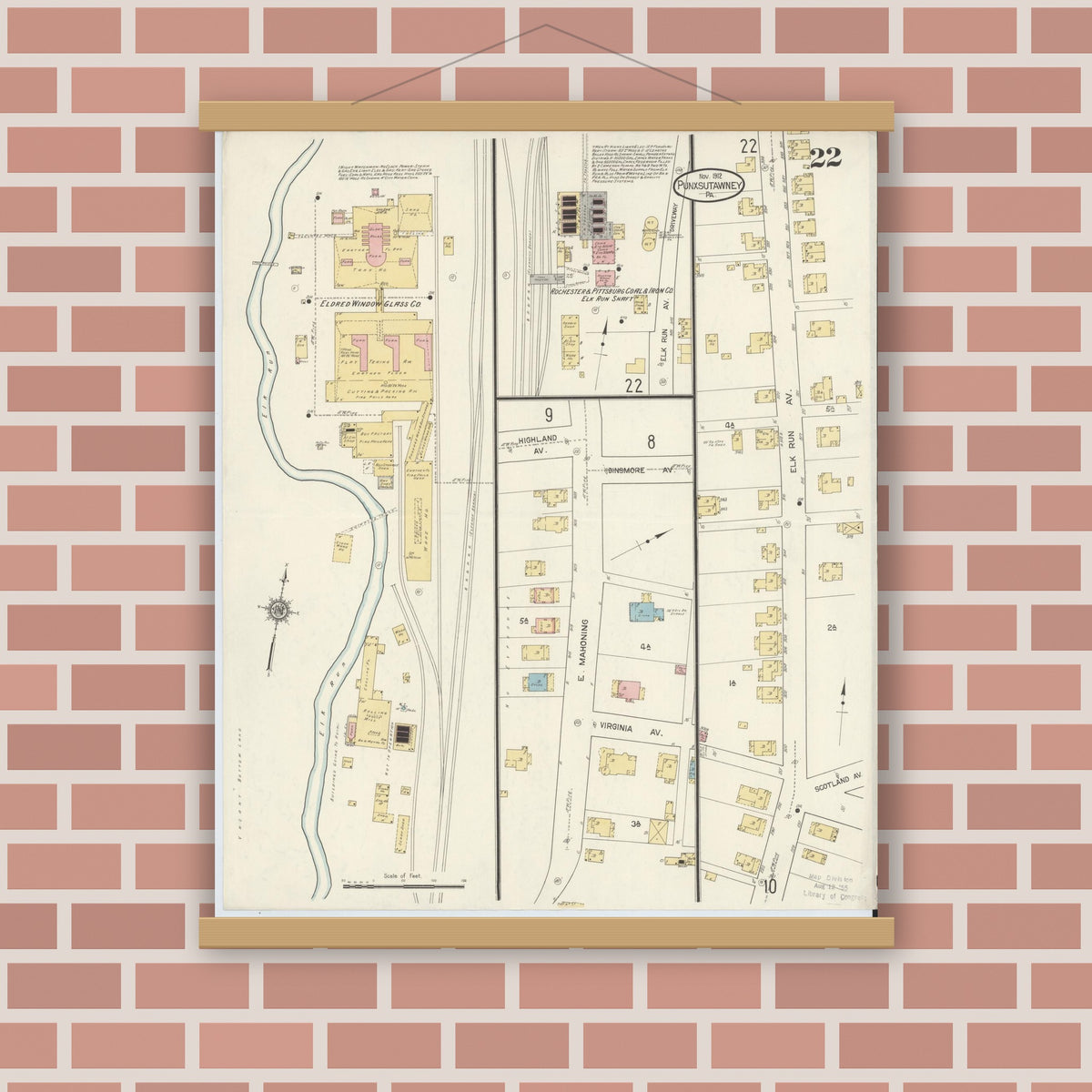 Old map wall art mockup — magnetic wood frame on brick wall — Sanborn Fire Insurance Map from Punxsutawney, Jefferson County, Pennsylvania (1912), Sheet #0022