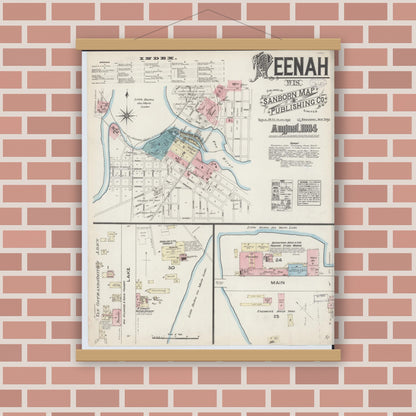 Old map wall art mockup — magnetic wood frame on brick wall — Sanborn Fire Insurance Map from Neenah, Winnebago County, Wisconsin (1884), Sheet #0001