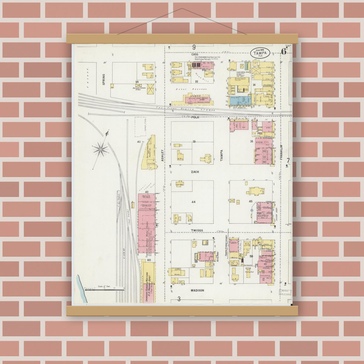 Old map wall art mockup — magnetic wood frame on brick wall — Sanborn Fire Insurance Map from Tampa, Hillsborough County, Florida (1899), Sheet #0006