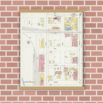 Old map wall art mockup — magnetic wood frame on brick wall — Sanborn Fire Insurance Map from Tampa, Hillsborough County, Florida (1899), Sheet #0006