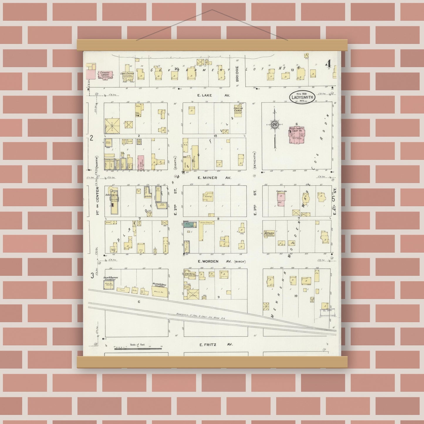 Old map wall art mockup — magnetic wood frame on brick wall — Sanborn Fire Insurance Map from Ladysmith, Rusk County, Wisconsin (1909), Sheet #0004