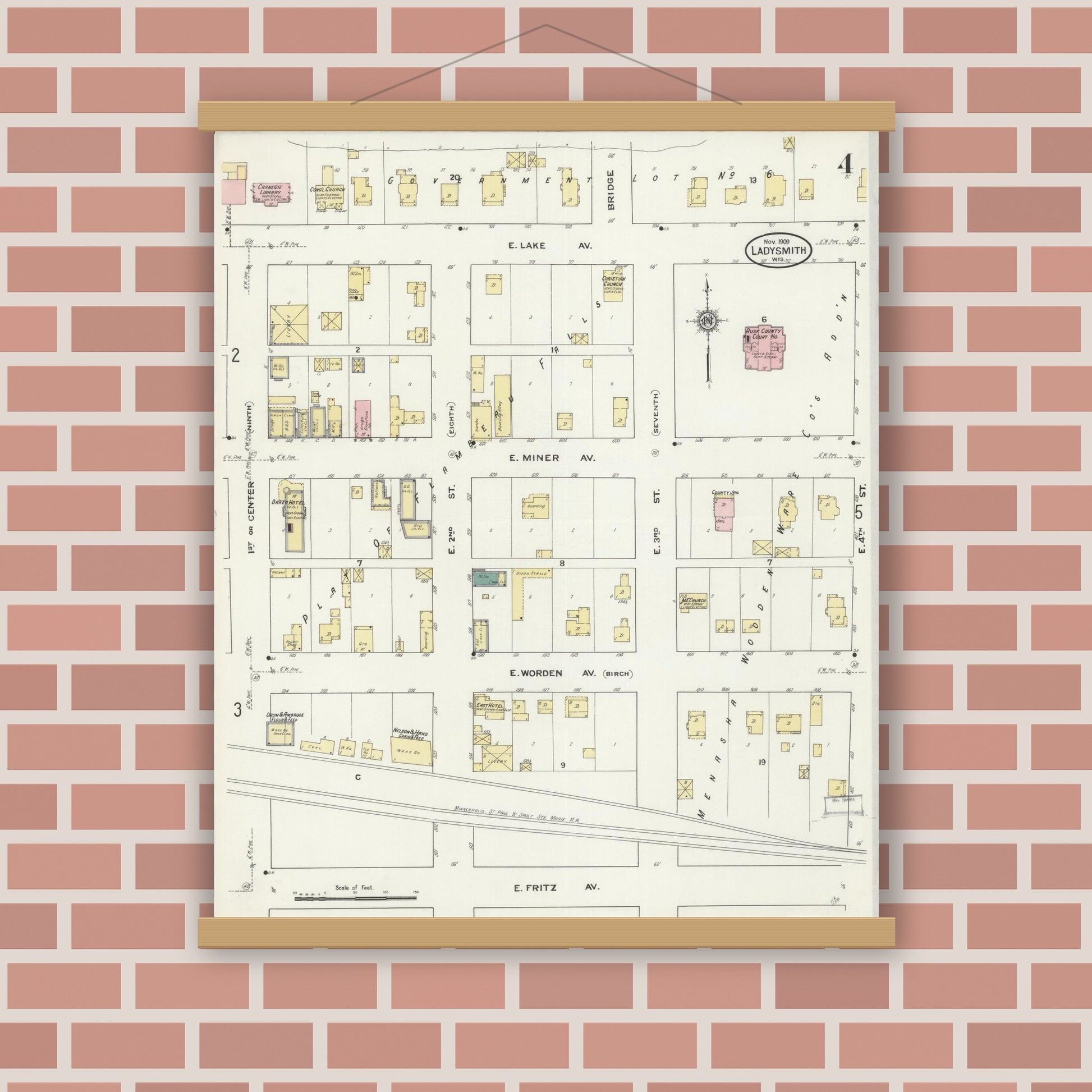 Old map wall art mockup — magnetic wood frame on brick wall — Sanborn Fire Insurance Map from Ladysmith, Rusk County, Wisconsin (1909), Sheet #0004